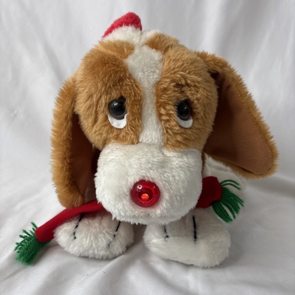 Vtg Animated Musical Christmas Puppy Hound Dog Plush Sad Eyes 1980s Works - Picture 2 of 11